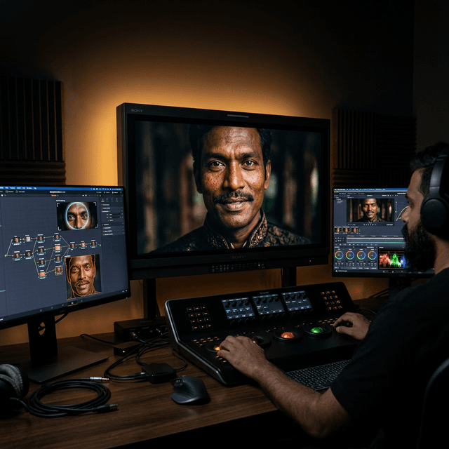 A futuristic color grading suite with AI-assisted node graphs and cinematic skin tone isolation